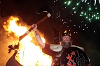 2009 Guizer Jarl Stephen Mouat celebrates the burning of his Galley Is Bjørn. Photo courtesy of Millgaet media.
