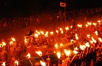 The Senior procession moves off with the Guizer Jarl standing proud in his Galley. Photo courtesy of Millgaet Media.